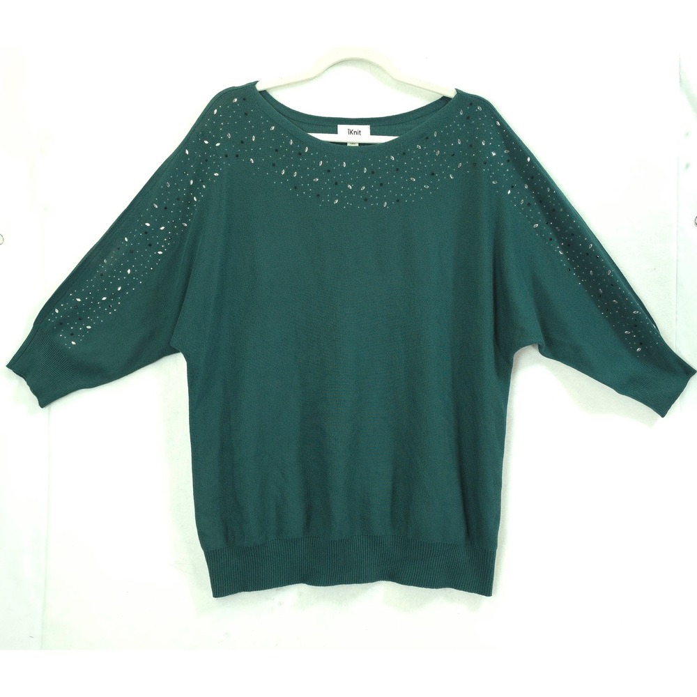 iKnit Batwing Sleeve Sweater Embellished Rhinestone Green Women 1X Holiday Party